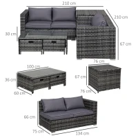 Outsunny 4 Pcs Rattan Wicker Garden Furniture Patio Sofa Storage & Table Set w/ 2 Drawers Coffee Table,Great Cushioned 4 Seats Corner Sofa - Grey(m-3)
