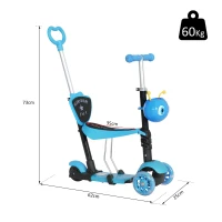 HOMCOM 5 en 1 Trottinette pour Enfants Trottinette 3 Roues évolutive Hauteur Guidon réglable charge max. 60 Kg Canne télescopique Selle Dossier Amovible Bleu(m-3)