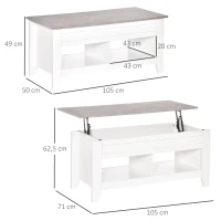 HOMCOM Table basse plateau relevable, table de salon avec étagères et compartiment caché,105 x 50 x 49-62,5 cm pour salon, chambre, aspect marbre gris(m-3)