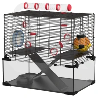PawHut Gerbil Cage Dwarf Hamster Cage, with Deep Glass Bottom, Tunnels, Hut, Exercise Wheel, 60 x 40 x 57cm(m-11)