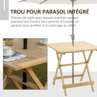 Outsunny Table à manger de jardin pliable table bistro carrée table patio terrasse avec trou pour parasol bois de peuplier dim. 70L x 70l x 70H cm naturel(m-4)