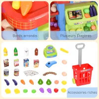 HOMCOM Jeu d'imitation commerçant Jeu de la marchande Caddie + Caisse enregistreuse et 45 Accessoires Inclus Effets Lumineux sonores(m-7)