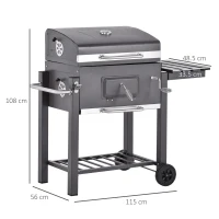 Outsunny Charcoal Grill BBQ Trolley with Adjustable Charcoal Grate, Garden Metal Smoker Barbecue with Shelf, Side Table, Wheels, Built-in Thermometer, Bottle Opener(m-3)
