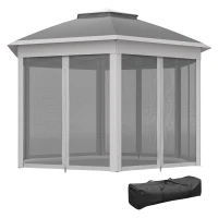 Outsunny 3 x 4m Garden Gazebo Hexagon Pop Up Gazebo Party Tent Canopy Double Roof Instant Shelter with Netting and Carry Bag for Outdoor Patio, Dark Grey(m-11)