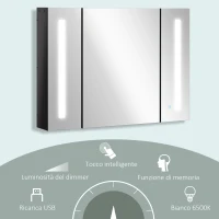 kleankin Armadietto con Specchio da Bagno a Parete in MDF con 3 Armadietti, 3 Ripiani e Luce LED, 90x15x65 cm, Nero(m-5)
