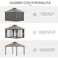 Outsunny Gazebo da Giardino 3x4 m con Zanzariera e Tende, Alluminio e Acciaio, Grigio e Marrone(m-4)