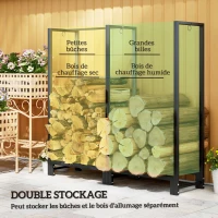 Outsunny Porte-bûches, range-bûches, avec deux compartiments, 3 crochets, base surélevée, , 123L x 32l x 115H cm, acier, noir(m-4)