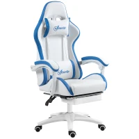 Vinsetto Computer Gaming Chair, PU Leather Office Desk Chair with Footrest, Swivel Wheels, 135° Reclining Back, Lumbar Support, Headrest for Home, White and Blue(m-11)