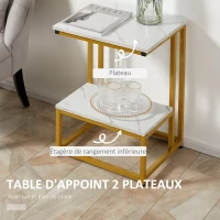 HOMCOM Table basse moderne salon table d'appoint chambre guéridon bout de canapé design structure acier doré plateau étagère aspect marbre blanc(m-5)