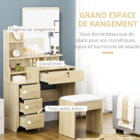 HOMCOM Ensemble de coiffeuse table de maquillage avec tabouret rembourré grand miroir + plusieurs étagères ouvertes + 4 tiroirs bois naturel(m-5)
