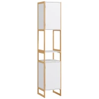 HOMCOM Meuble colonne de salle de bain avec 2 niches et 2 placards étagère réglable, bambou et MDF 33L x 33l x 170H cm blanc(m-12)