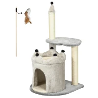 PawHut Albero Tiragraffi per Gatti con Casetta e Lettino, Rivestimento Peluche e Gioco, 48x48x86cm, Grigio(m-10)