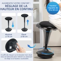 HOMCOM Tabouret de bureau debout tabouret ergonomique siège bascule à 360° large socle 36 x 36 x 70-90 cm noir(m-4)