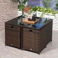 Outsunny 8 Seater Rattan Cube Garden Furniture Set, Rattan Dining Set with Cushions, Outdoor Dining Table and Chairs with 4 Armchairs, 4 Stools, Square Glass Top Table for Patio, Balcony, Brown(m-8)