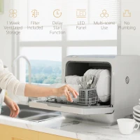 HOMCOM Table Top Dishwasher with Built-in 6L Water Tank, Mini Countertop Dishwasher with 6 Programs, 4 Place Settings, Silver Tone(m-8)