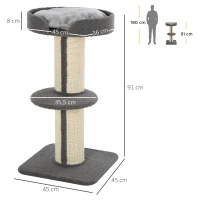 PawHut Árbol para Gatos Altura 91 cm de 3 Niveles con Nido Plataforma y Poste de Sisal 45x45x91 cm Gris(m-3)
