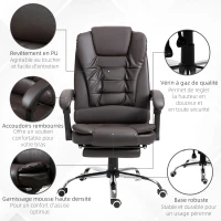 HOMCOM Fauteuil de bureau fauteuil manager grand confort dossier inclinable roulettes P.U 64,5 x 69 x 117 cm Café(m-7)