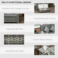 Outsunny Rattan Garden Daybed, Assembled Double Sun Lounger with 5-Level Adjustable Back, Storage Ottoman, Cushions, Pillows and Retractable Trays, Outdoor Loveseat Sofa Bed for Patio, Mixed Grey(m-6)