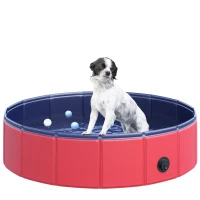 PawHut Foldable Dog Pool, 80 x 20 cm Pet Paddling Pool with Wood Board Support and Anti-Slip Bottom, Portable Doggy Paddling Pool for Garden and Outdoor Use, Red(m-1)