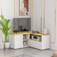 HOMCOM Meuble TV d'angle banc télévision jusqu'à 40 pouces avec rangements aspect bois clair et blanc(m-2)