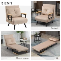 HOMCOM Fauteuil convertible 3 en 1 lit 1 place dossier 5 positions, accoudoirs en bois et coussin, tissu effet velours, beige(m-4)