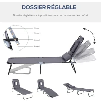 Outsunny Bain de soleil chaise longue pliante avec appuie-tête, trou de lecture, transat inclinable 4 positions en Oxford 600D, transat jardin extérieur camping piscine terrasse, 190x56x28cm, gris(m-4)