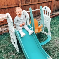 HOMCOM Scivolo 3 in 1 per Bambini con Altalena Regolabile, Canestro e Palle per Cameretta e Giardino, 149x186x98cm, Blu e Arancione(m-9)