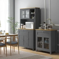 HOMCOM Armoire de cuisine buffet cuisine 5 portes dont 2 portes vitrées et 1 tiroir, 1 niche centrale - hauteur 180 cm gris(m-2)