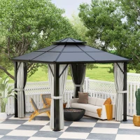 Outsunny 3 x 3(m) Hardtop Gazebo Canopy with UPF30+ Double Polycarbonate Roof, Aluminium Frame Garden Gazebo Permanent Pavilion with Mosquito Netting and Curtains for Patio, Deck, Grey(m-8)