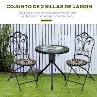 Outsunny Set de 2 Sillas de Jardín Plegables con Asiento de Mosaico Cerámico y Marco de Metal Carga 120 kg para Bistró Terraza Patio Exterior 40x50x92 cm Negro(m-4)