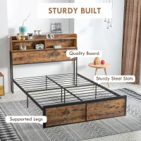 HOMCOM Industrial Double Bed Frame, 4.6FT Steel Bed Base with Storage Headboard, Footboard, Slatted Support and Under Bed Storage, 141 x 207cm, Rustic Brown(m-7)