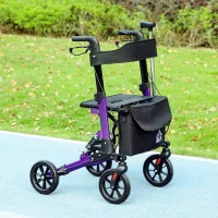 HOMCOM Folding Rollator Walker with Seat, Backrest, Lightweight Walking Frame with Storage Bag, Dual Brakes, Adjustable Handle Height, Suspension System, 4 Wheeled Walker for Seniors, Purple(m-2)