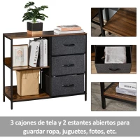 HOMCOM Cómoda Cajonera de Tela con 3 Cajones Plegables y 2 Estantes Estilo Industrial para Dormitorio Salón Pasillo 80x29x71 cm Marrón Rústico y Gris Oscuro(m-5)
