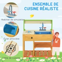 Outsunny Cuisine extérieure cuisine enfant en bois jeu d'imiation avec étagères évier et robinet 58 x 39 x 73 cm multicolore(m-4)