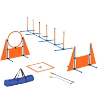 PawHut Seven-Piece Dog Agility Equipment Set with Weave Poles, Jump Ring, Hurdle, Pause Box, Carry Bag, Orange(m-1)