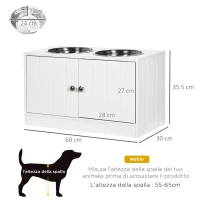 PawHut Ciotole per Cani Rialzate con Armadietto da 44L e 2 Ciotole in Acciaio, 60x30x35.5cm, Bianco(m-3)