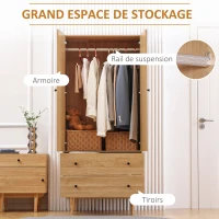 HOMCOM Armoire à vêtements armoire de rangement penderie avec 2 portes, 2 tiroirs et tringle - 80 x 52 x 180 cm - aspect bois(m-5)