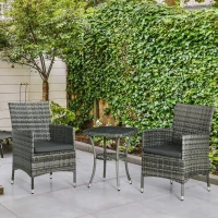 Outsunny 3 Pieces Rattan Bistro Set, Wicker Garden Furniture Set with 2-Tier Coffee Table and Chairs, Washable Cushions, for Outdoor Patio Balcony, Mixed Grey(m-10)