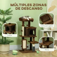 PawHut Árbol Rascador para Gatos 104 cm con Plataformas Poste con Cepillo Bolas Colgantes y Almohadilla para Rascar Marrón(m-4)