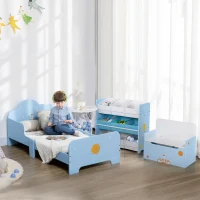 ZONEKIZ 3PCs Kids Bedroom Furniture Set with Bed, Toy Box Bench, Storage Unit with Baskets, Space Themed, for 3-6 Years Old, Blue(m-2)