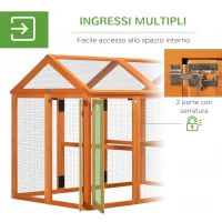 PawHut Gabbia per Galline in Legno con Porte Multiple e Rete in Metallo, 140x88.5x106cm, Arancione(m-5)