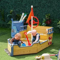 Outsunny Sabbiera per Bambini in Legno a Forma di Nave dei Pirati con Vano Contenitore, 158x78x45.5 cm(m-2)