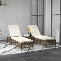 Outsunny Conjunto de 2 Tumbonas de Ratán con Mesa de Centro Respaldo Ajustable en 5 Niveles y Cojines 196x54x32 cm Beige(m-2)