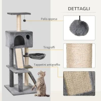 PawHut Albero Tiragraffi Accessoriato con Cuccia Lettino Sospeso e 2 Pedane in Peluche Grigio e Corda Sisal 60x49x130cm(m-6)