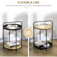 End Table,2-Tier Round Side Table with Detachable Tray & Plastic Rattan Shelf, Metal Frame Nightstand Bedside Table for Living Room, Bedroom, Black(m-6)