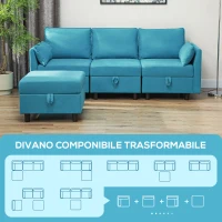 HOMCOM Divano Componibile Modulare 3 Posti con Pouf Poggiapiedi e Cuscini, Rivestimento in Flanella, Blu(m-4)