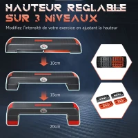 HOMCOM Stepper aérobic fitness hauteur réglable 3 niveaux surface antidérapante 78 x 28 x 20 cm gris et rouge(m-4)
