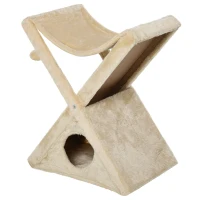 PawHut Two Tier Cat Tree for Indoor Cats Play Rest Activity Tower Plush Folding Relax Center w/ Scratching Post Hammock Pom Poms Yellow(m-11)