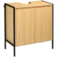 kleankin Meuble sous lavabo de salle de bain armoire sous vasque piètement en métal Double Porte - 60 x 30 x 62,5 cm - Noir et Couleur Bois(m-10)