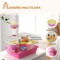 PawHut Jaula para Hámster con Cuenco Bebedero Rueda de Ejercicio Torre de Observación y Casita 34x27x25 cm Rosa(m-5)